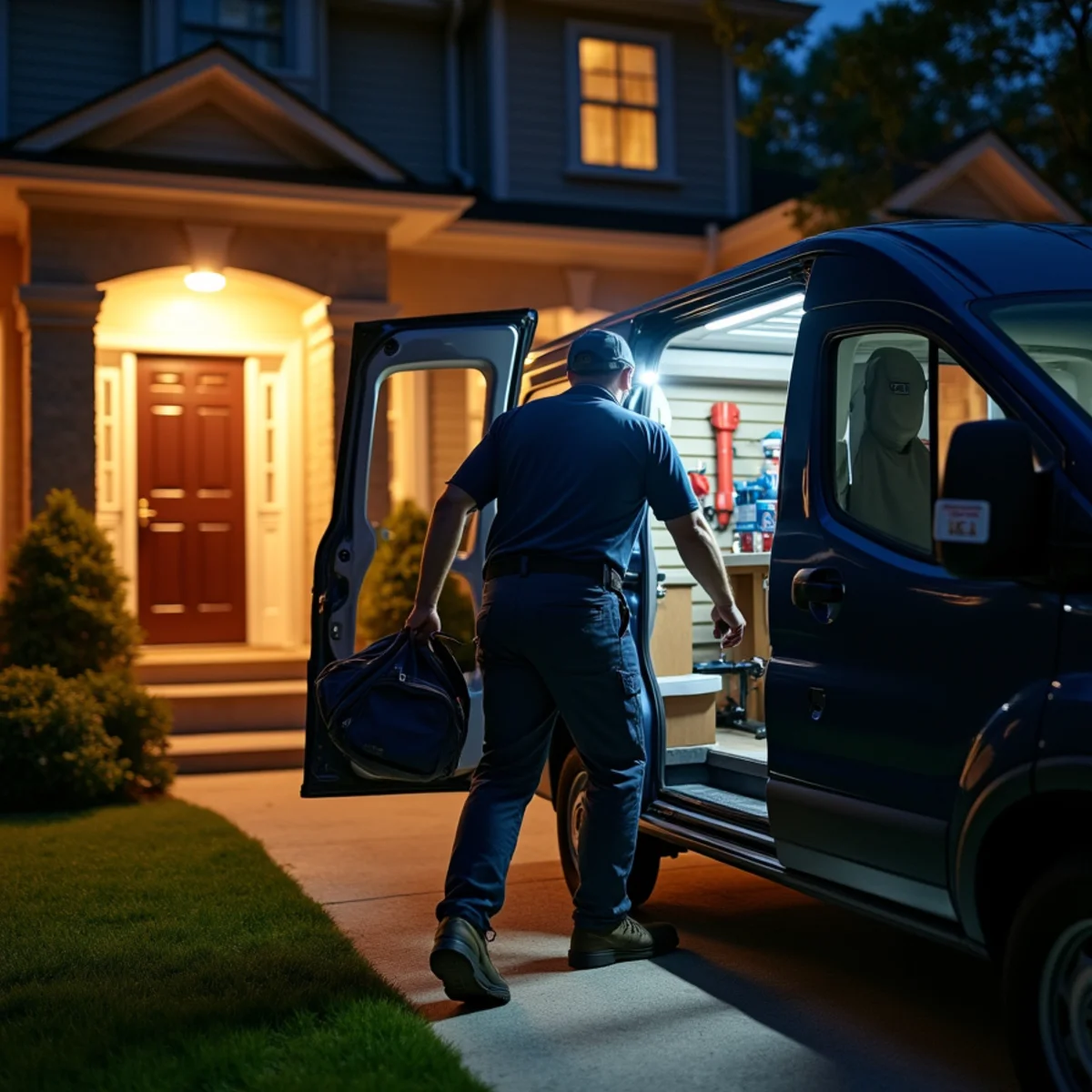 Emergency plumber truck responding to a Leander TX home at night