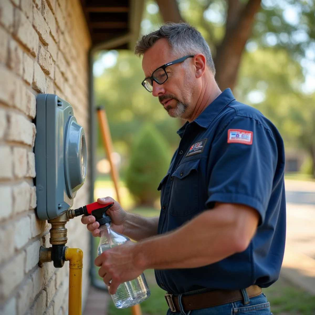 Licensed gas plumber pressure-testing a new gas line in a Leander TX home