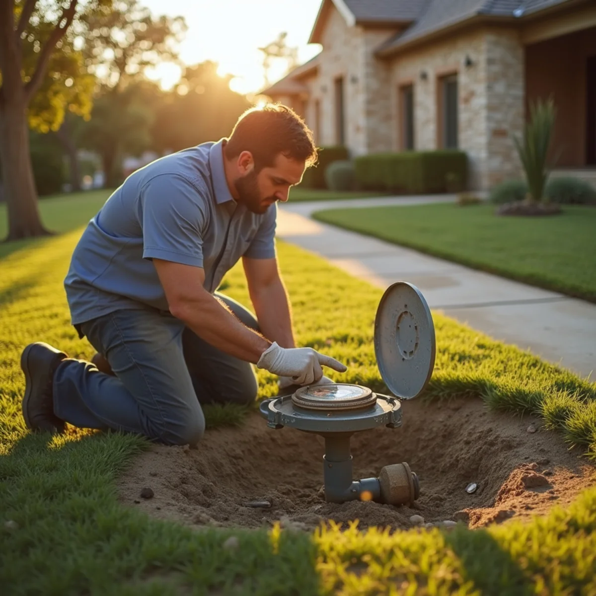 Leander TX homeowner reading their City of Leander water bill while a plumber checks the meter at the curb