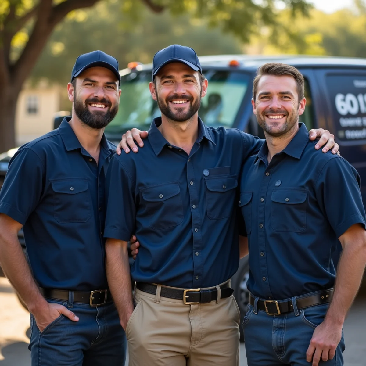 Crystal Falls Plumbing team of licensed Leander, TX plumbers standing in front of a branded service van