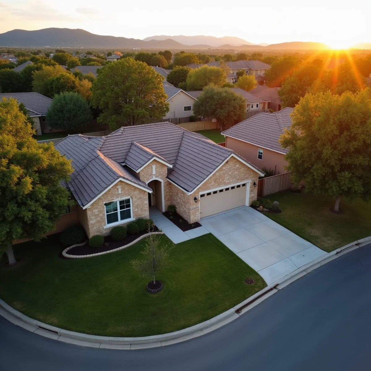 Central Texas suburban neighborhood in Leander with limestone-clad homes typical of Williamson County