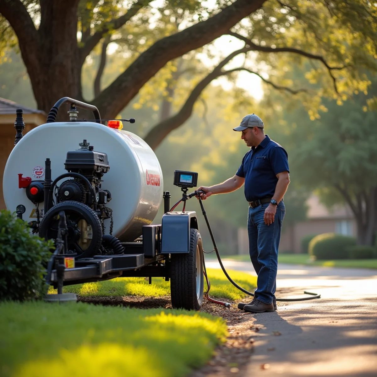 Licensed plumber operating a trailer-mounted hydro jetter on a sewer cleanout at a Leander TX home