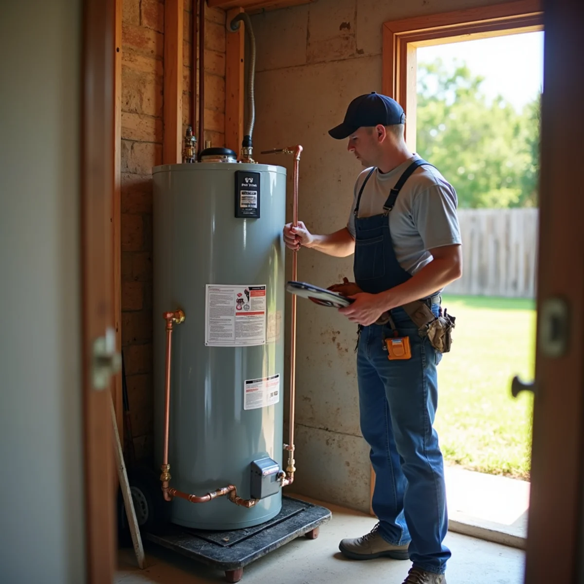 Licensed plumber performing water heater repair in a Hutto, TX home