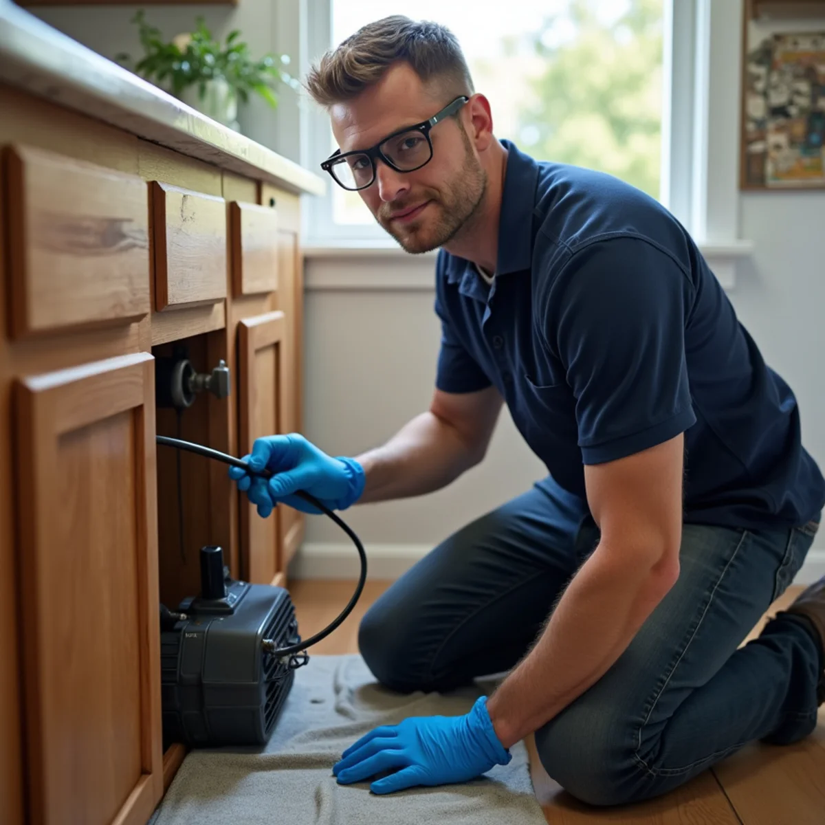 Licensed plumber performing drain cleaning in a Pflugerville, TX home