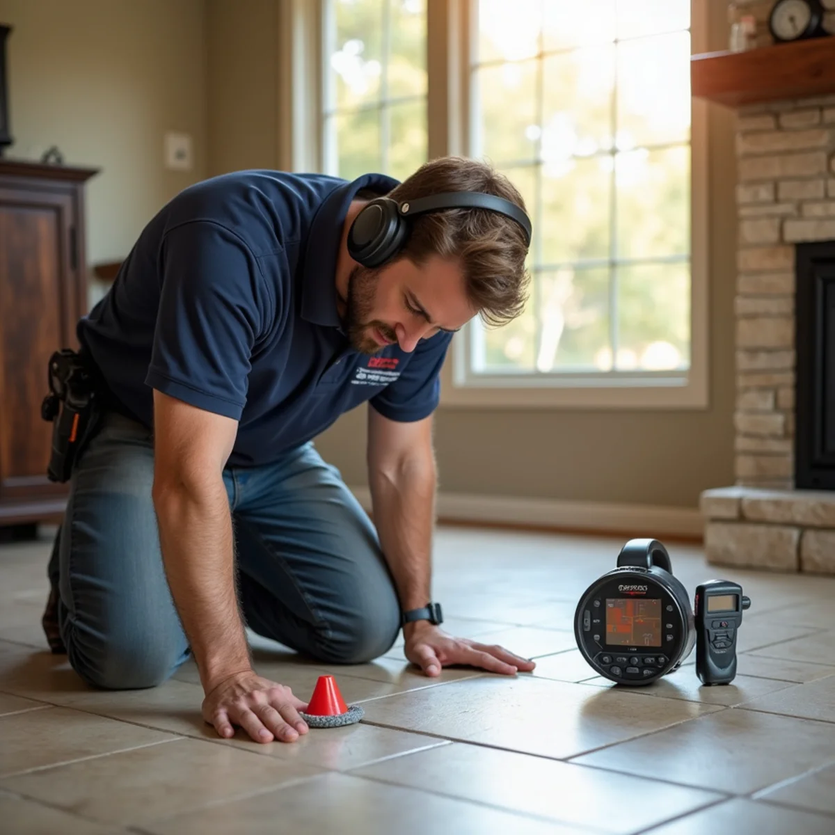 Licensed plumber performing leak detection in a Pflugerville, TX home