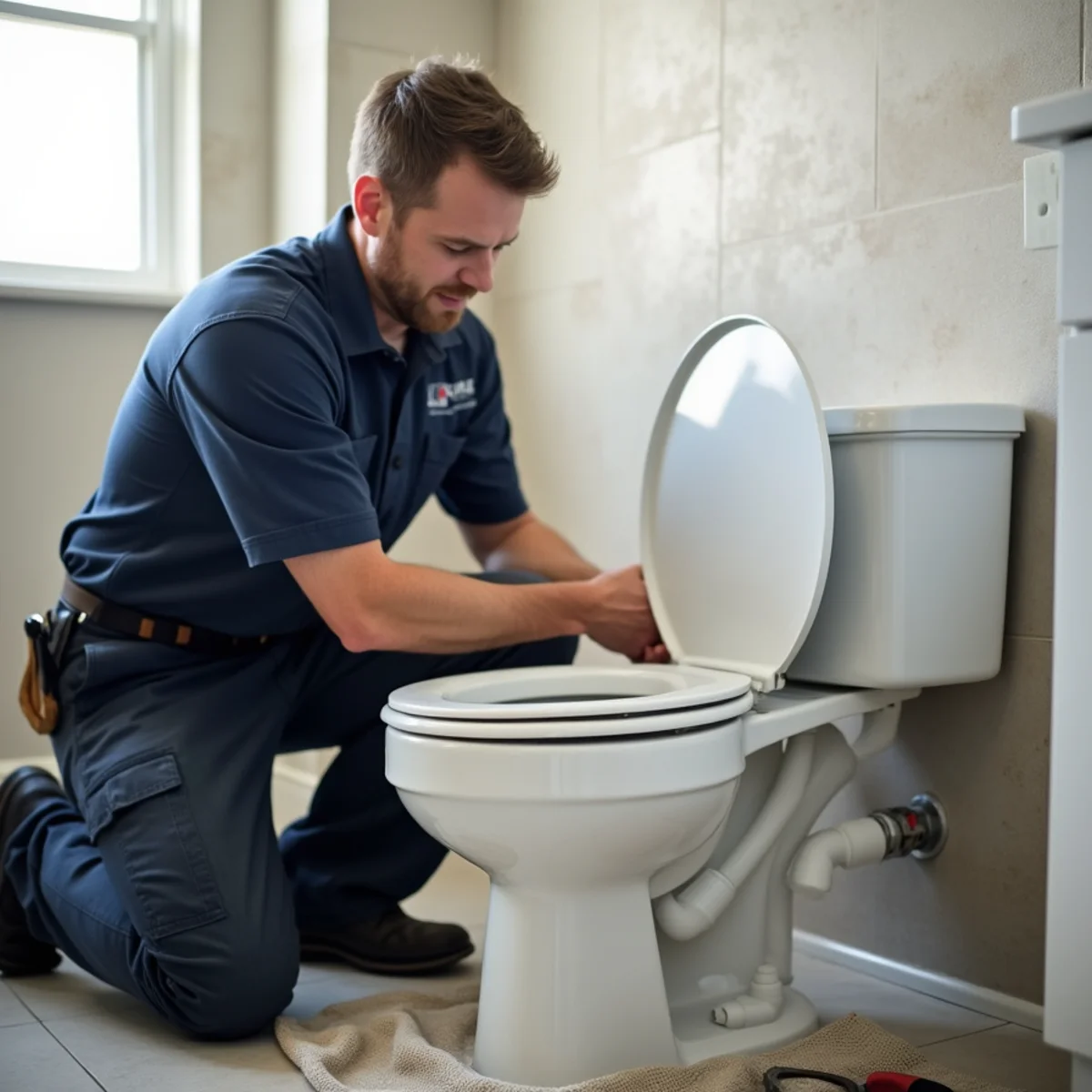 Licensed plumber performing toilet installation in a Pflugerville, TX home