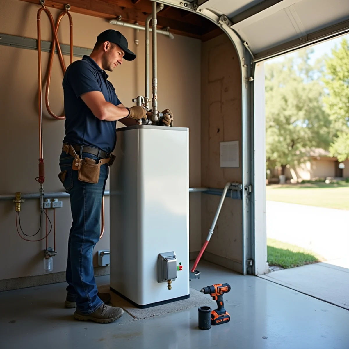 Licensed plumber performing water heater repair in a Pflugerville, TX home