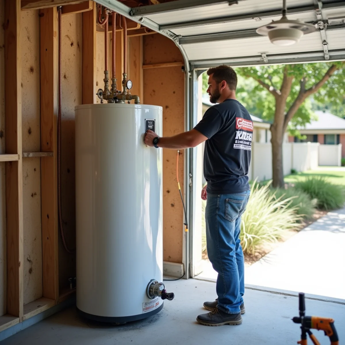 Licensed plumber installing a new gas water heater in a Leander garage