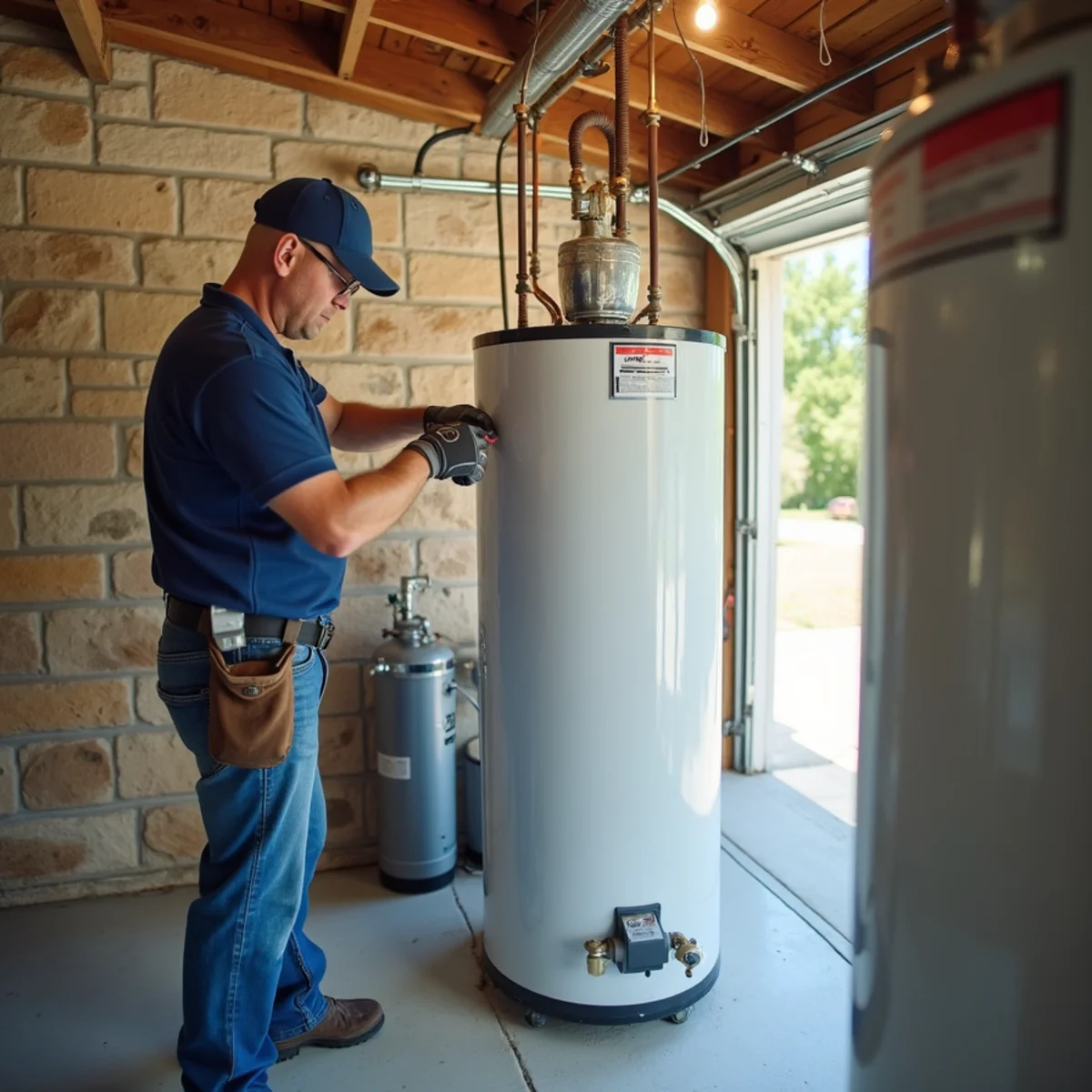 Licensed plumber installing a new 50-gallon gas water heater in a Pflugerville Texas garage with expansion tank and pan drain